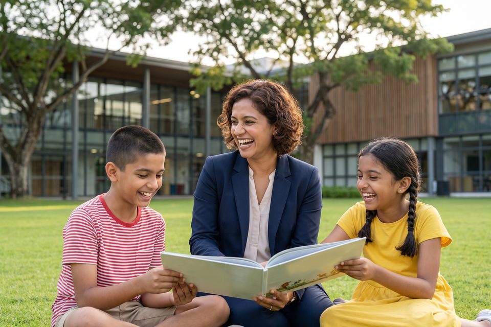 A teacher and two children laugh around an open book on a sunny school lawn