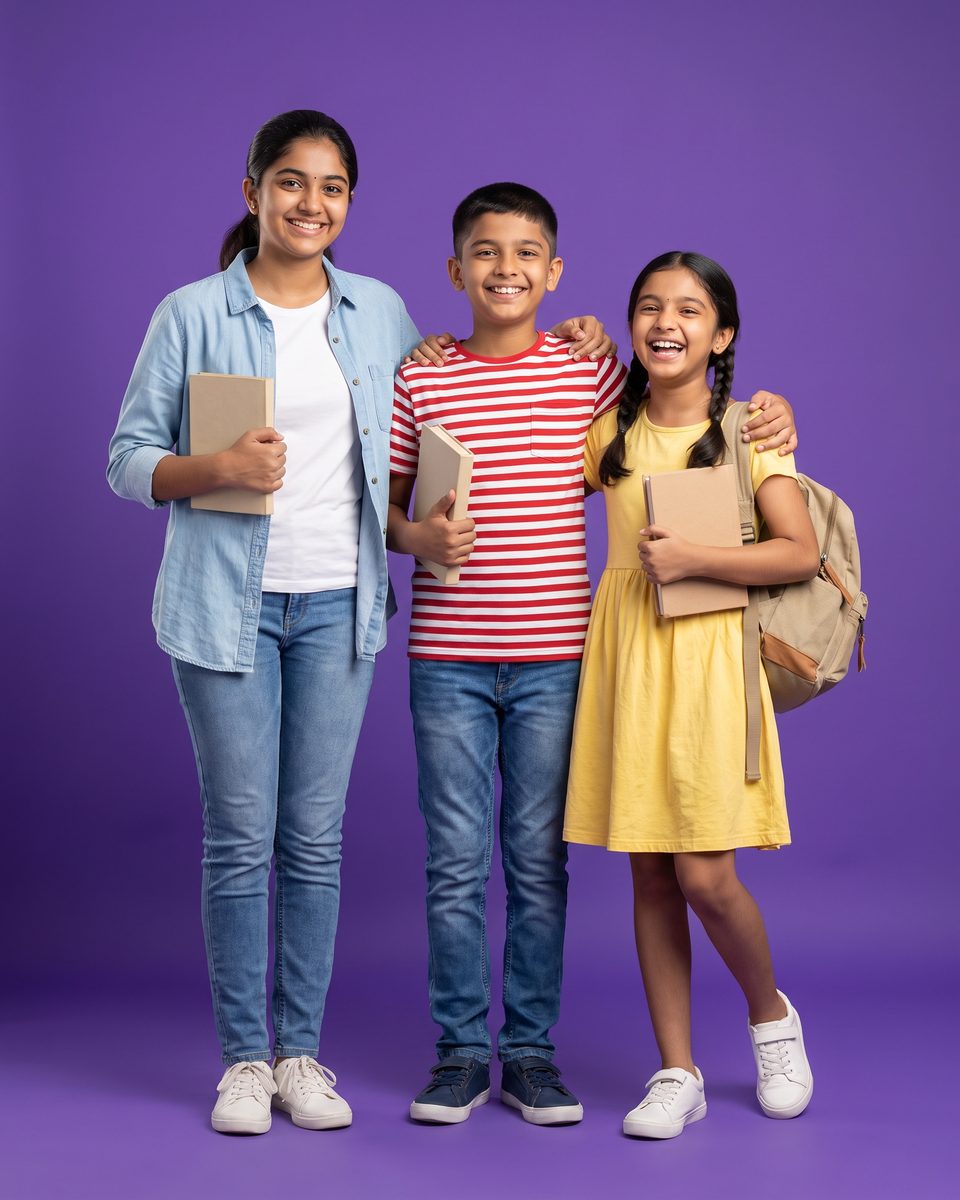 Three laughing children with books stand together against a purple background