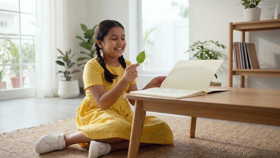 A girl holds up a leaf beside her science notebook, smiling as she explains it