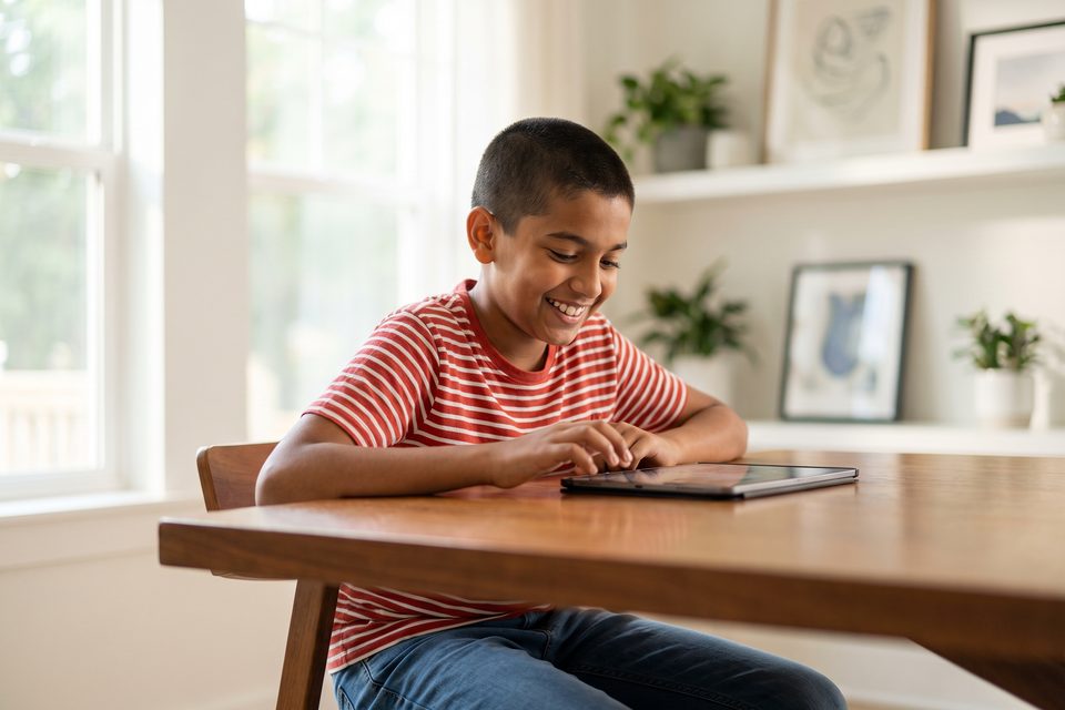A boy grins quietly with pride as he reads something on a tablet lying on the table