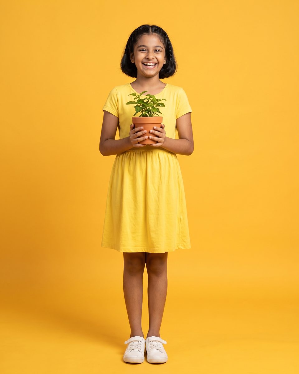 A laughing girl in a yellow dress holds a small potted plant against a yellow background