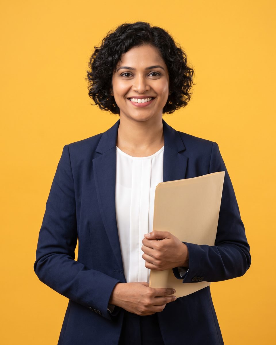 A smiling teacher in a navy blazer holds a folder against a yellow background