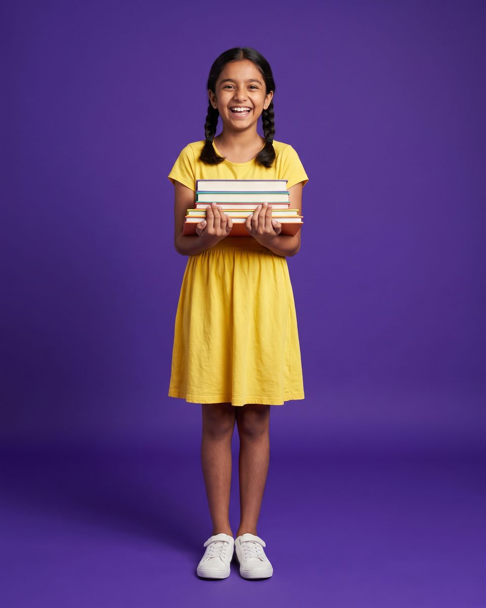 An 11-year-old girl in a yellow dress laughs, holding new books
