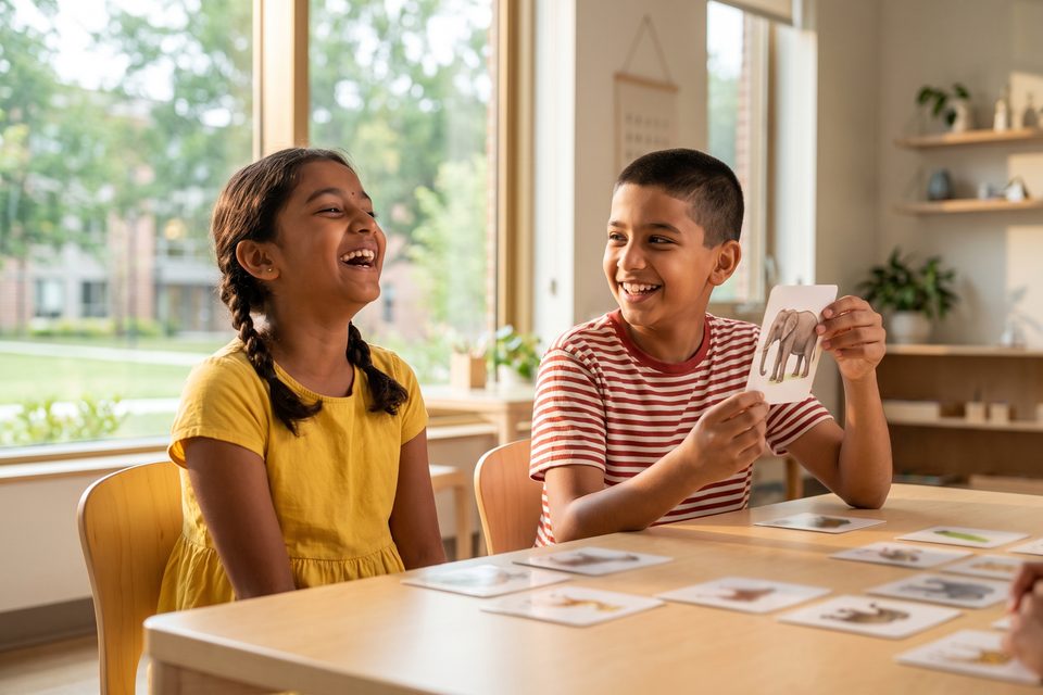 Two children play a language card game in a bright classroom
