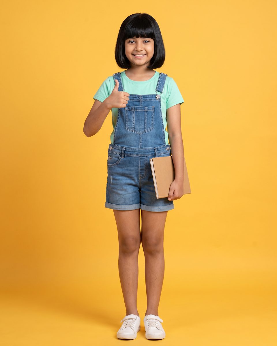A 12-year-old girl in green gives a cheerful thumbs-up