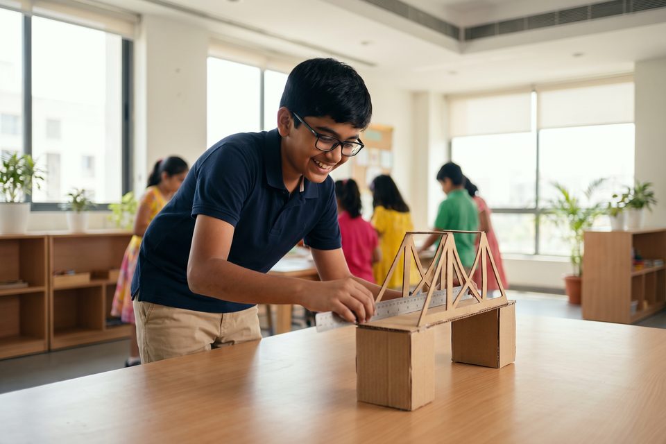 A boy measures his model bridge in a bright school activity room