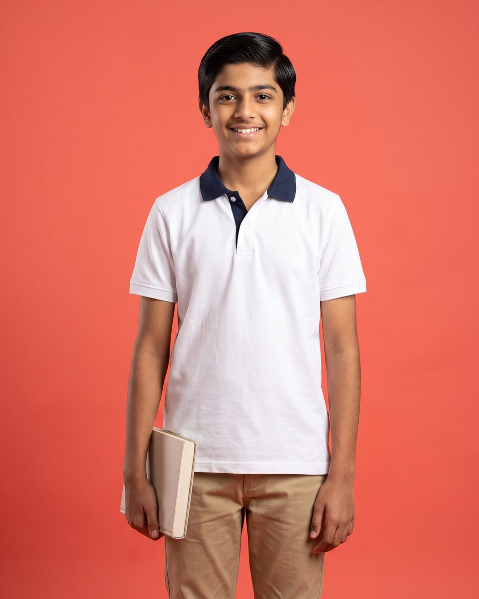 A 14-year-old boy in a white polo smiles, a new book at his side