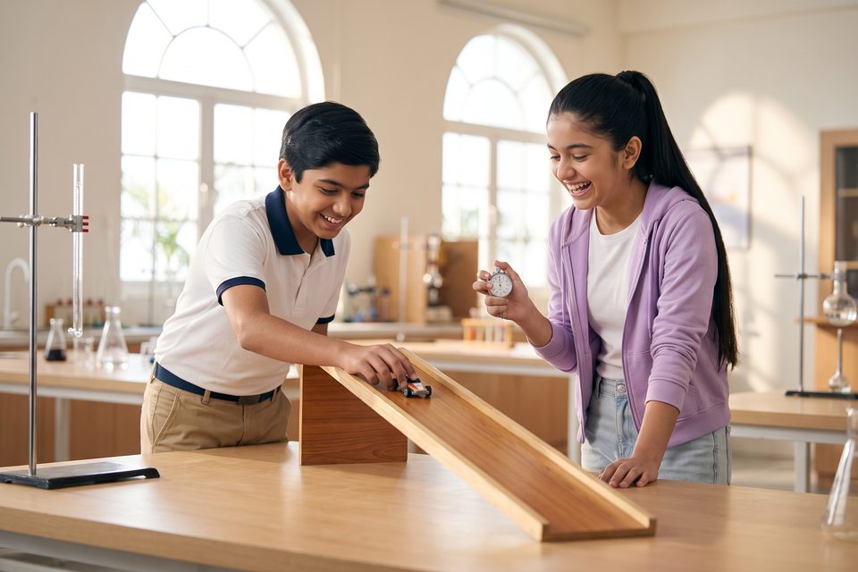 Two students time a toy car rolling down a ramp in a school lab