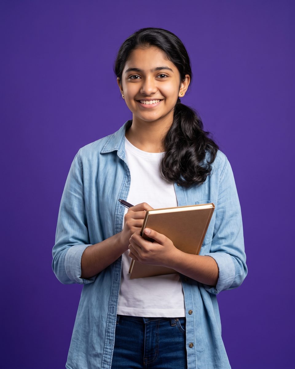 A 15-year-old girl in a denim shirt smiles, notebook in hand
