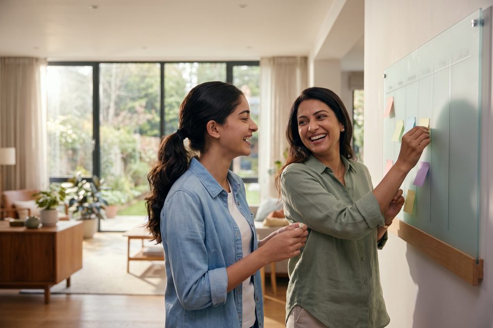 A girl and her mother plan study weeks on a colourful wall planner