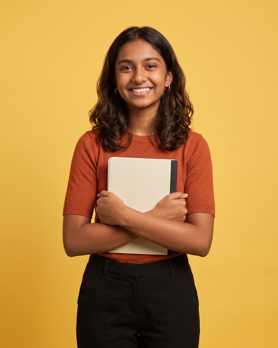 A 16-year-old girl in a rust-orange top smiles confidently