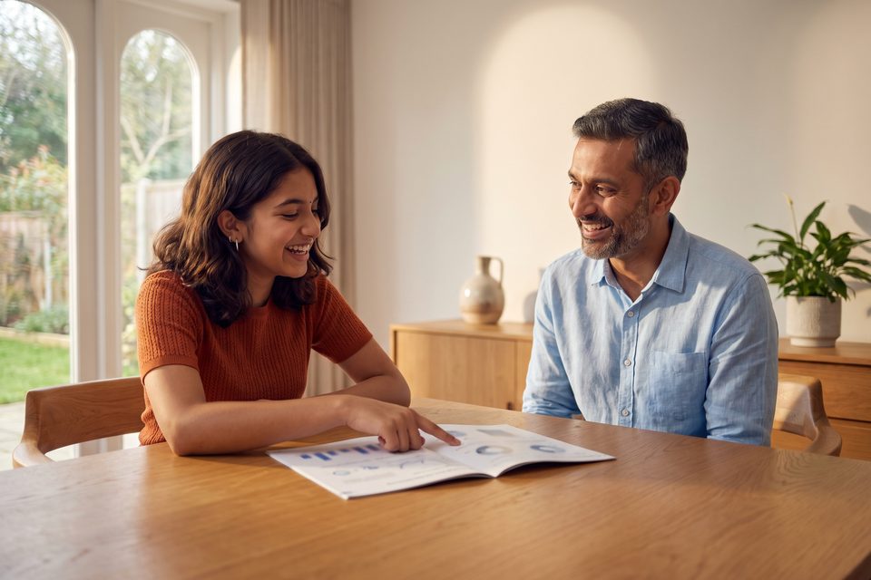 A girl talks through subject choices with her father at a sunny table