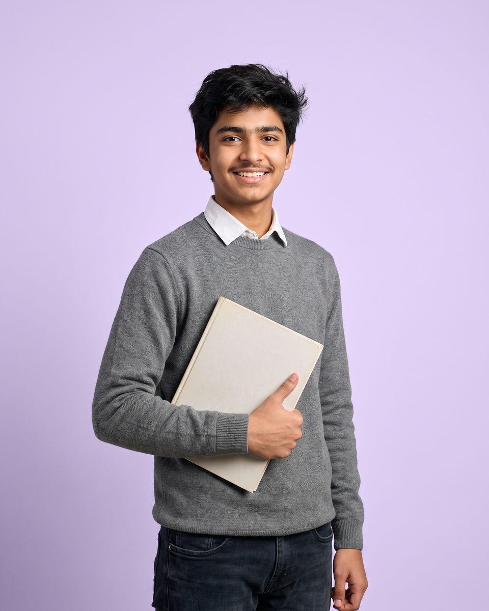 A 16-year-old boy in a grey sweater smiles with a book under his arm