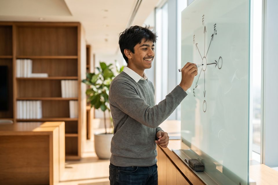 A teenage boy sketches a diagram on a glass whiteboard