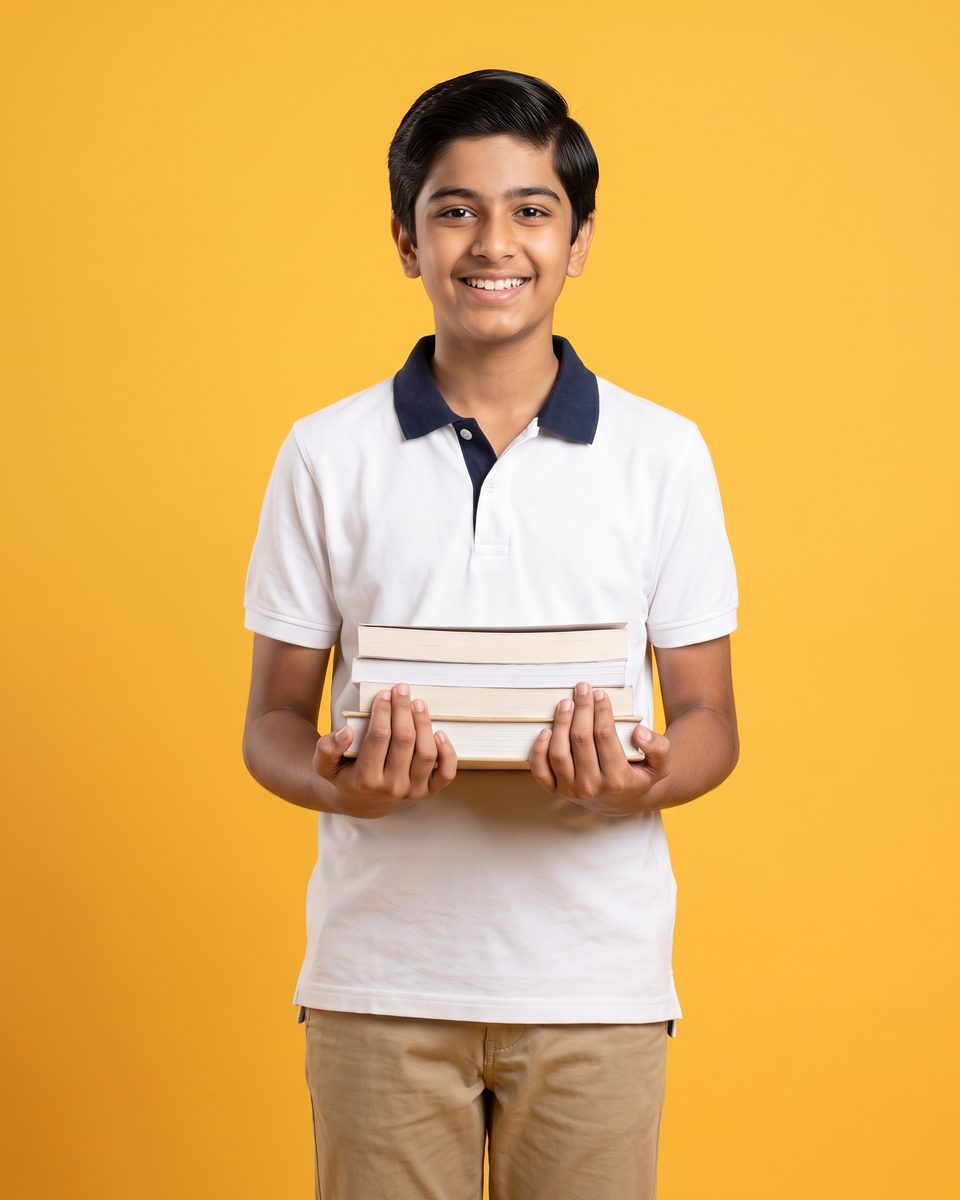 A smiling 14-year-old boy holds a stack of books