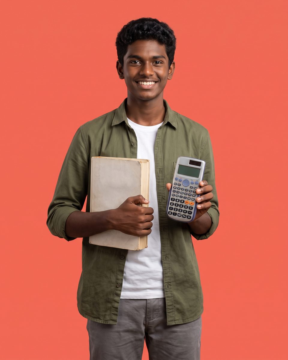 A 17-year-old boy smiles, holding a physics book and a calculator