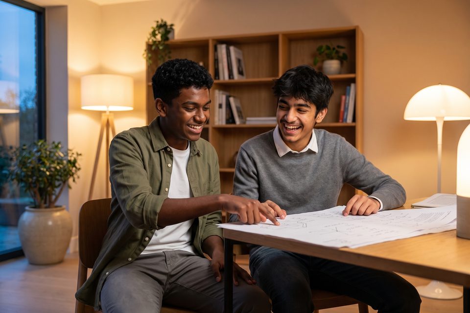 Two older boys solve a physics problem together in a bright study