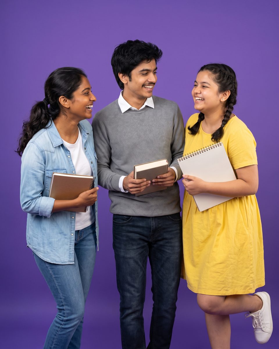 Three smiling students of different ages hold their books together