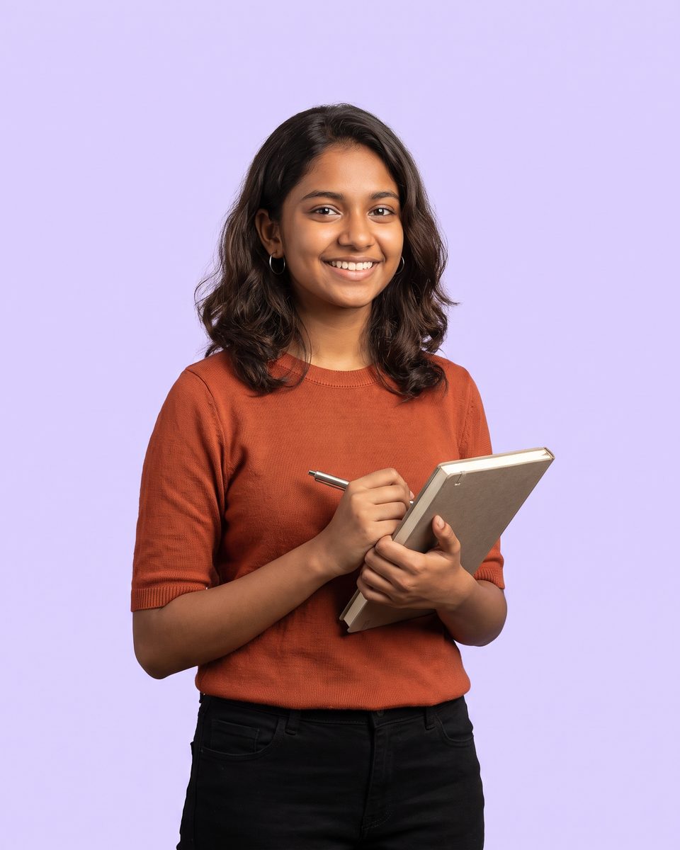 A 16-year-old girl in a rust-orange top smiles, holding a notebook