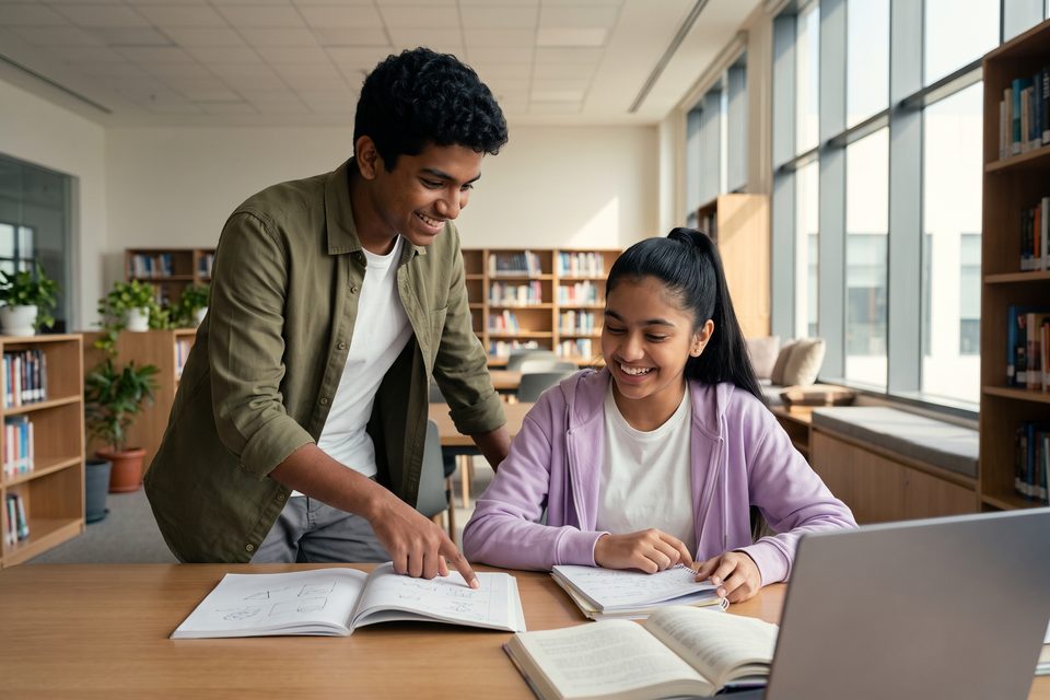 Two students work on a research project together in a bright school library