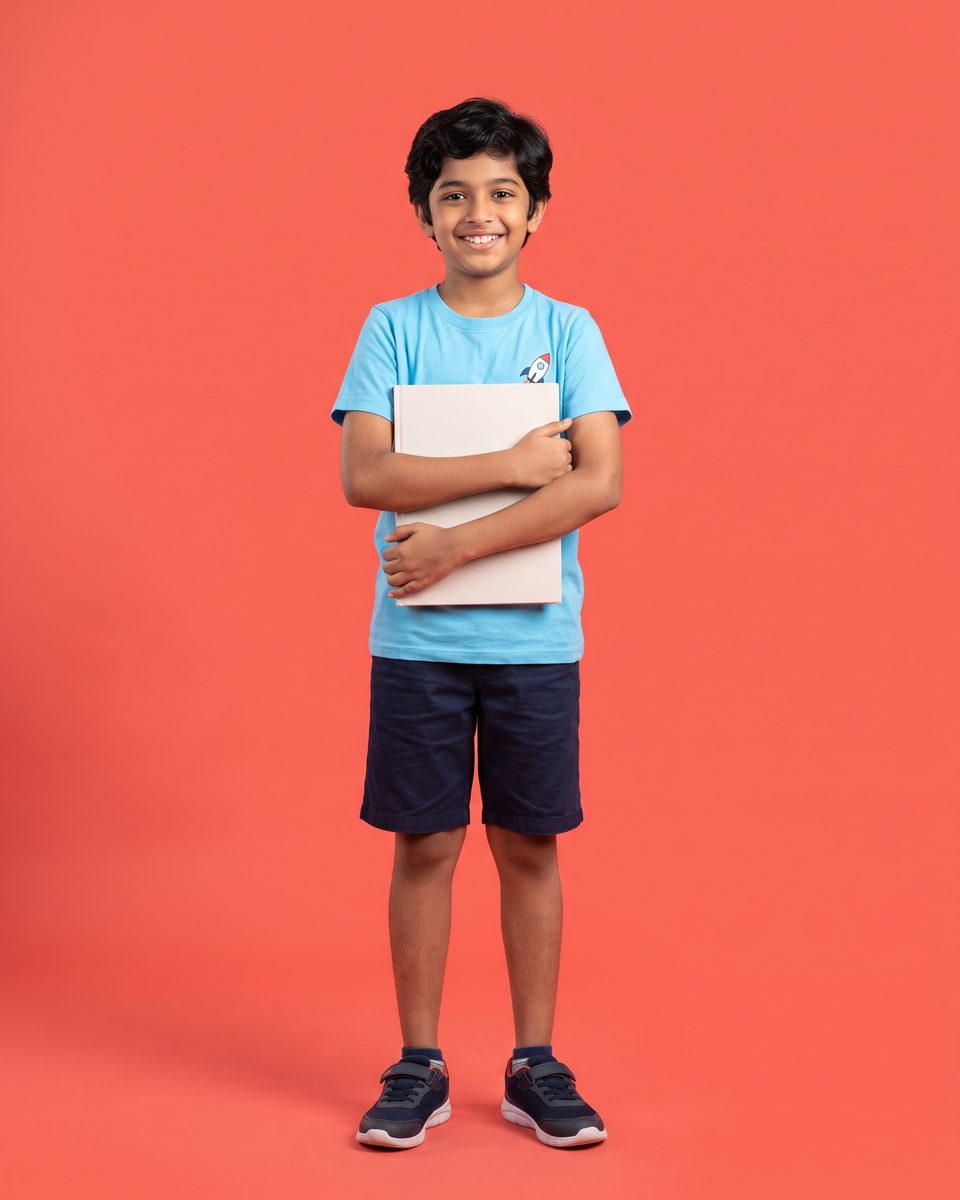 An 11-year-old boy in a sky-blue T-shirt grins, hugging a storybook