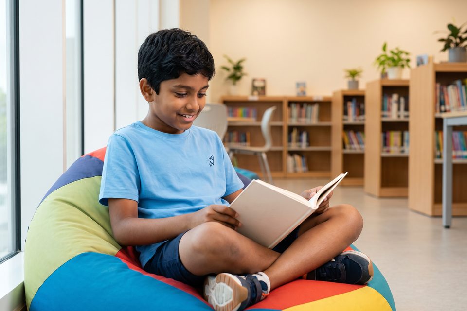 A boy reads happily on a bean bag in a bright school library