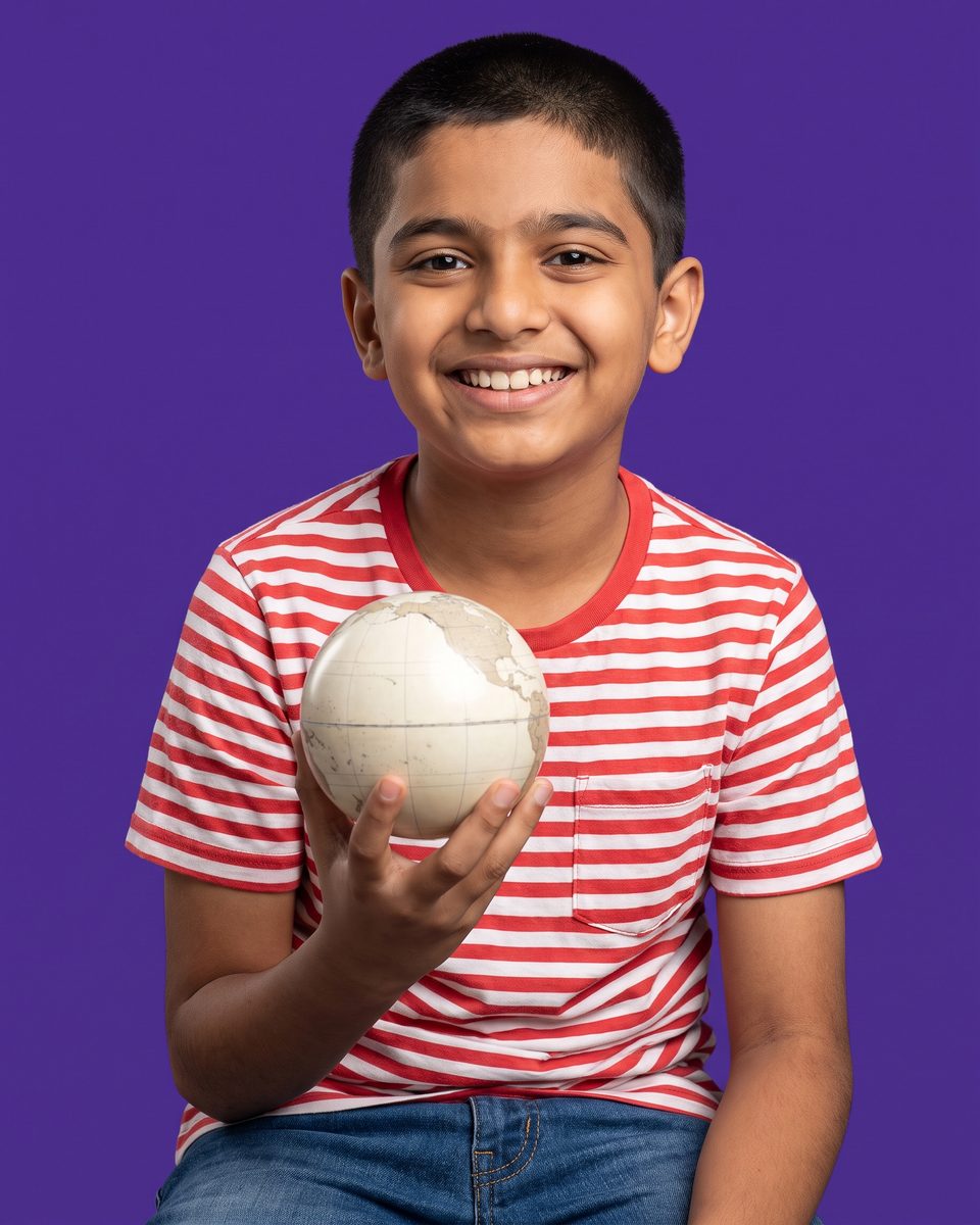 A 12-year-old boy in a striped T-shirt beams, holding a small globe