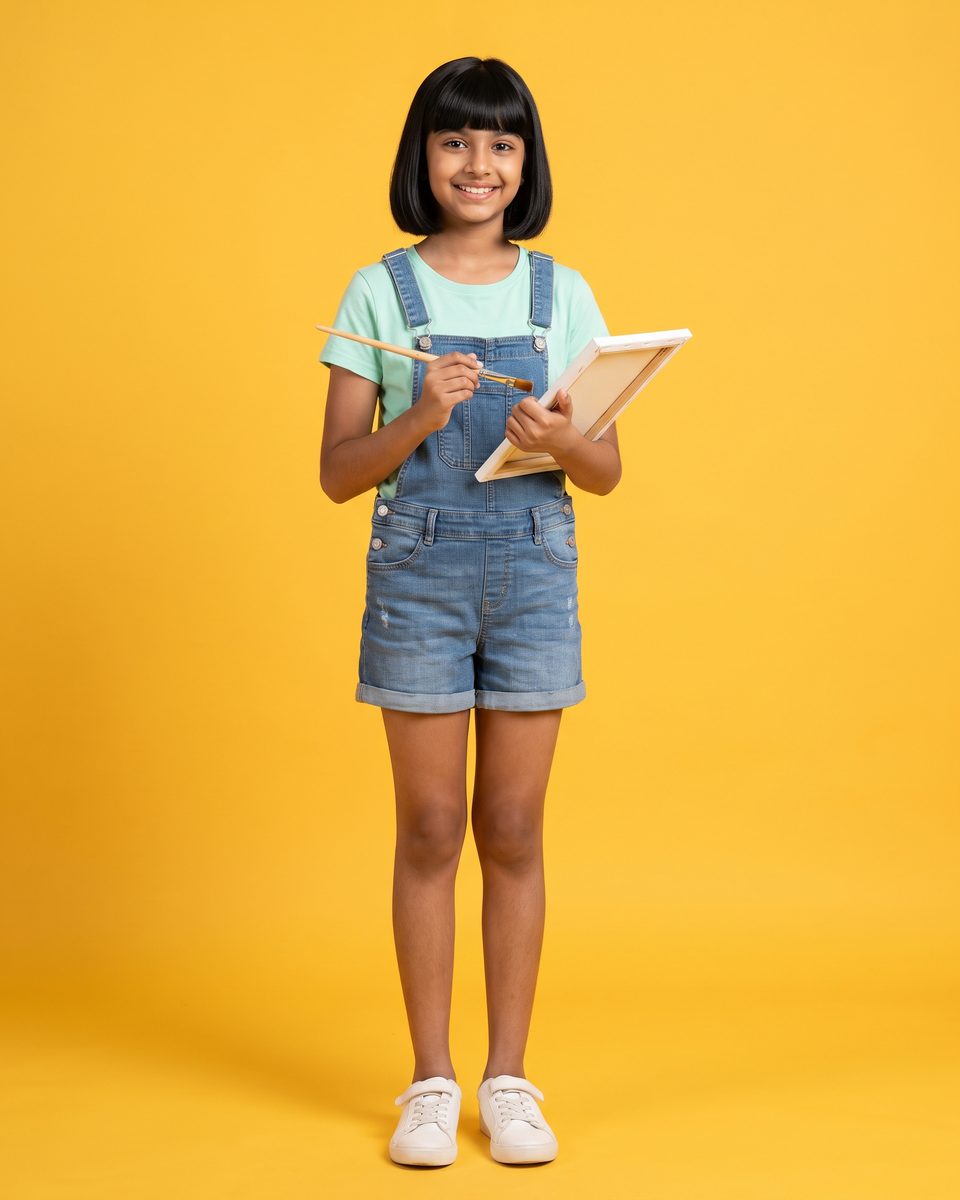 A 12-year-old girl in green smiles, holding a paintbrush and canvas