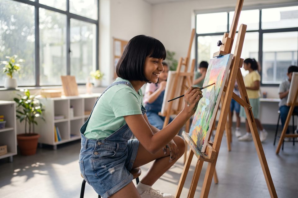 A girl paints a bright landscape in a sunlit school art room