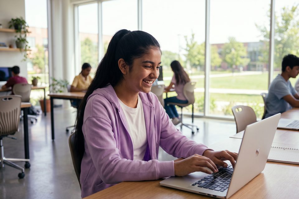 A girl grins at her laptop in a modern school computer lab