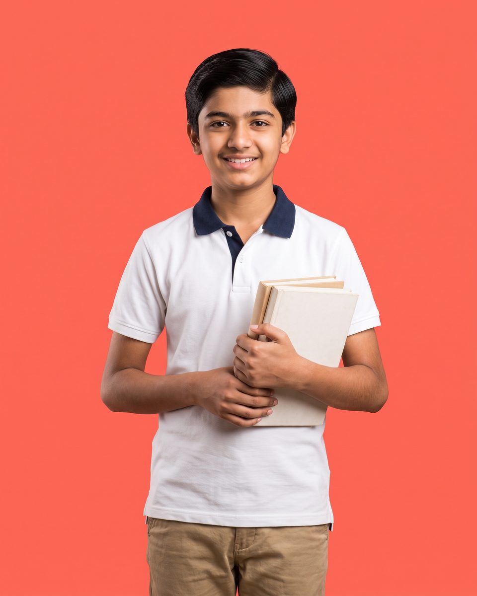 A 14-year-old boy in a white polo smiles, holding two books