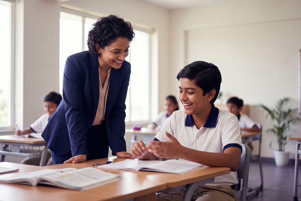 A teacher listens as a boy explains his answer at his desk