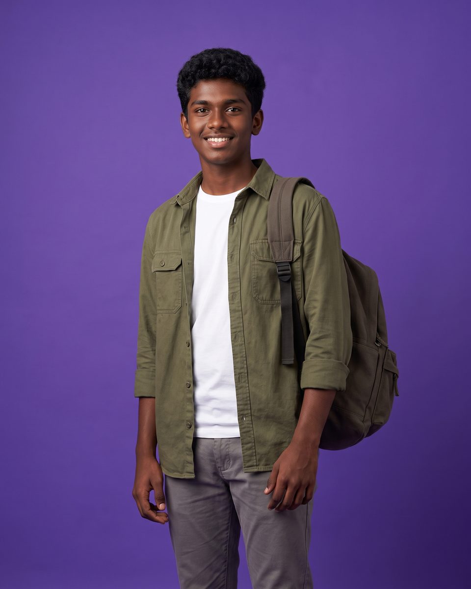 A 17-year-old boy in an olive overshirt smiles, backpack on one shoulder