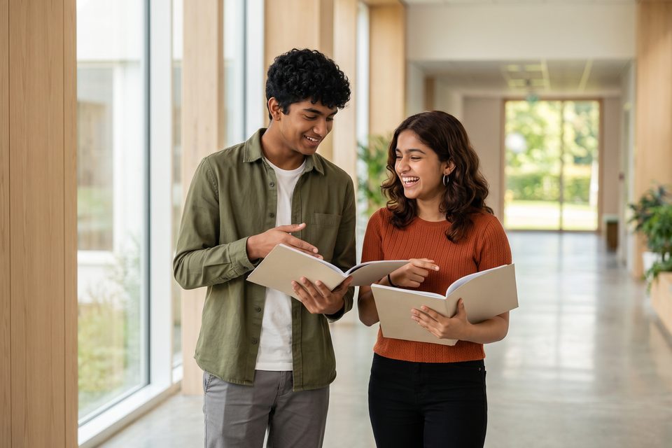 Two older students compare subject booklets in a bright school corridor
