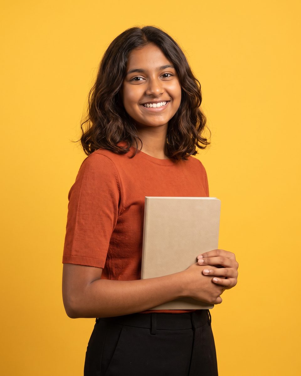 A 16-year-old girl in a rust-orange top smiles, holding a notebook