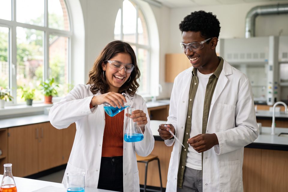 Two students in lab coats watch a colour change in a chemistry lab