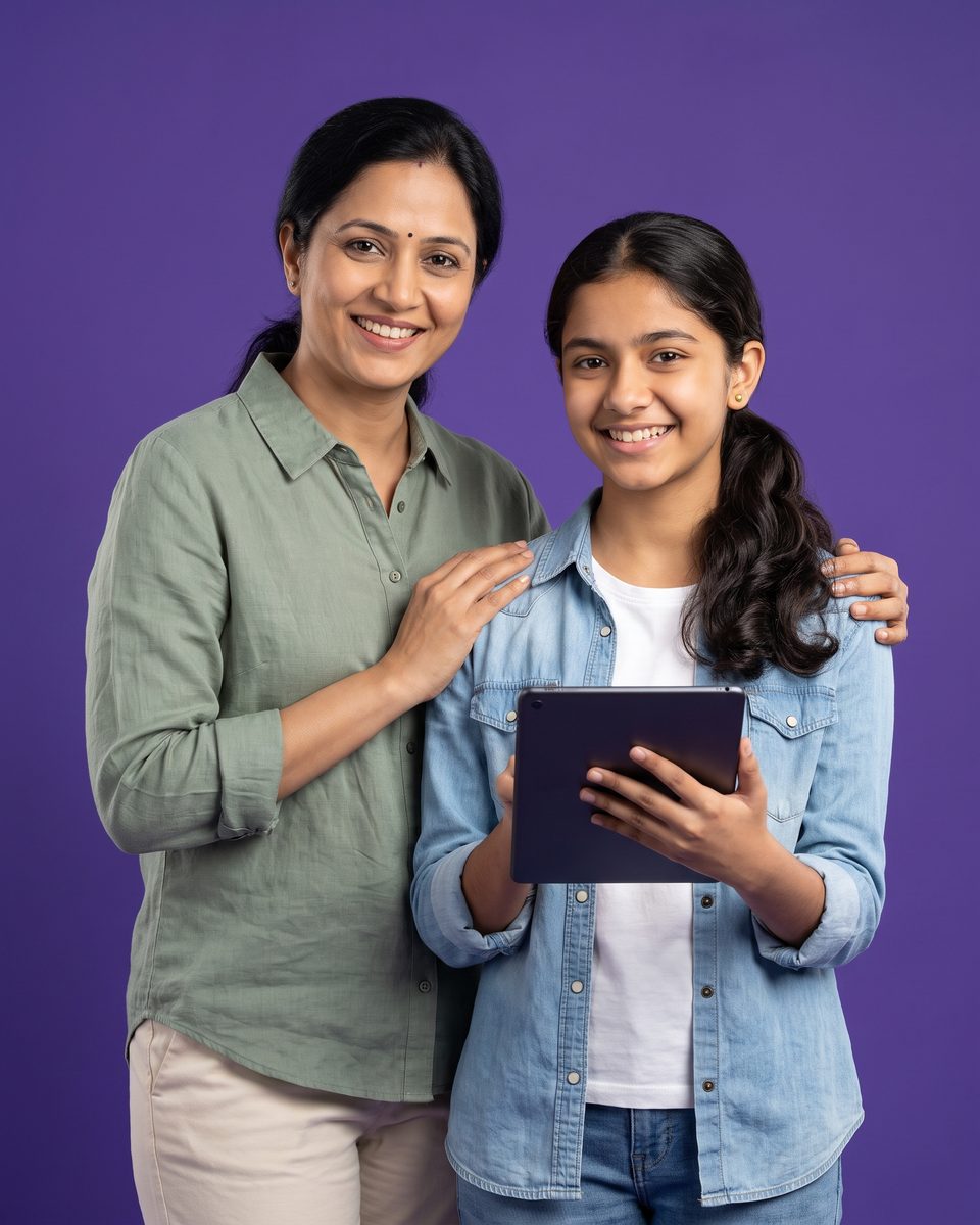 A smiling mother and teenage daughter, the girl holding a tablet, against a purple background