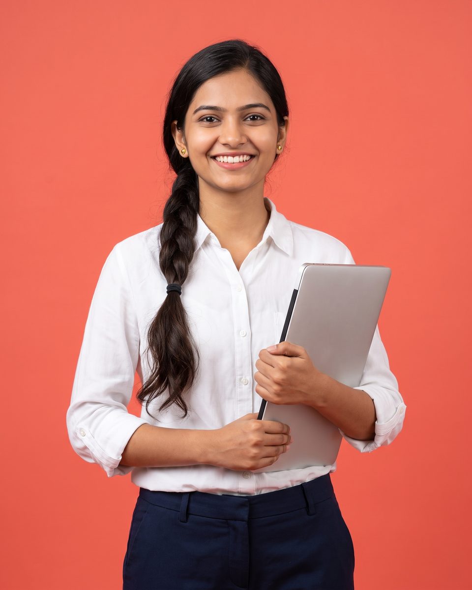 A young woman in a white shirt smiles, holding a laptop