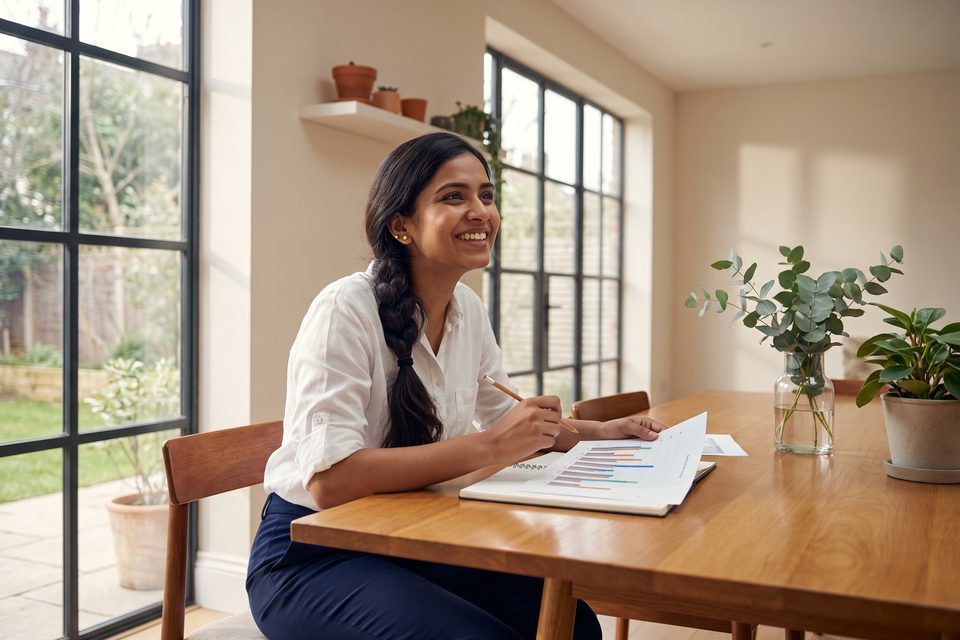 A young woman studies a bar chart with a pencil in a bright study