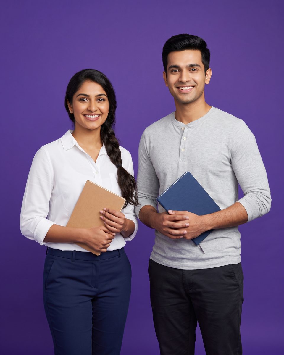 A young woman and man smile together, holding their notebooks
