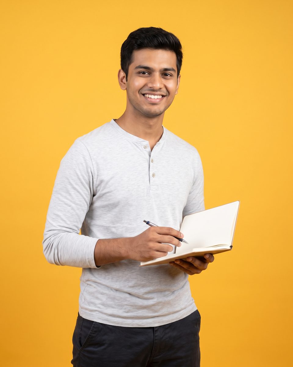 A young man in a grey henley smiles, holding a notebook