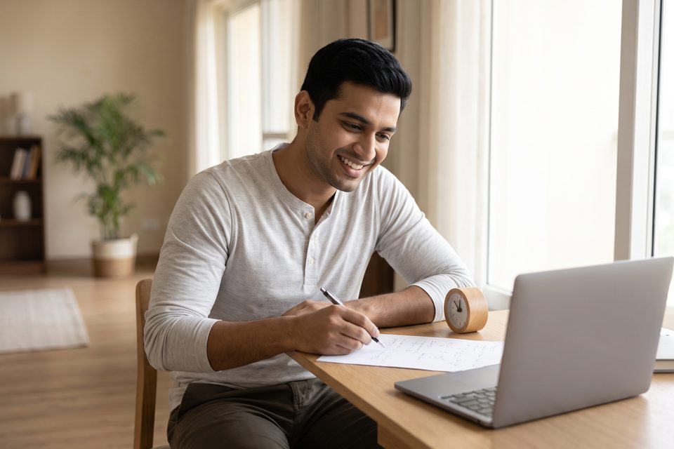 A young man solves a problem at a bright desk with a small timer beside him