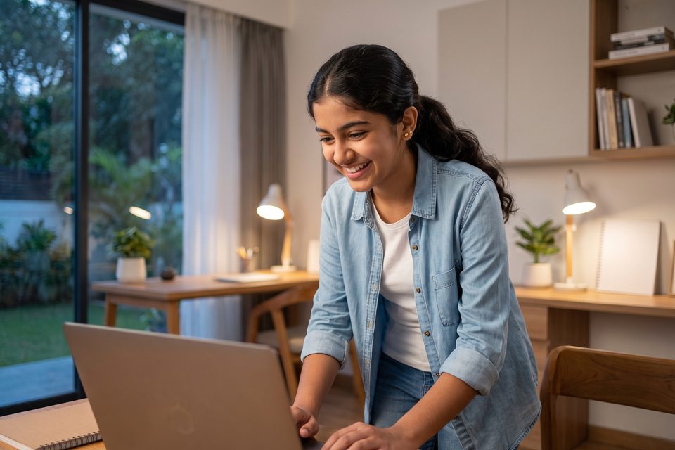 A teenage girl lights up with understanding at her laptop in a well-lit study