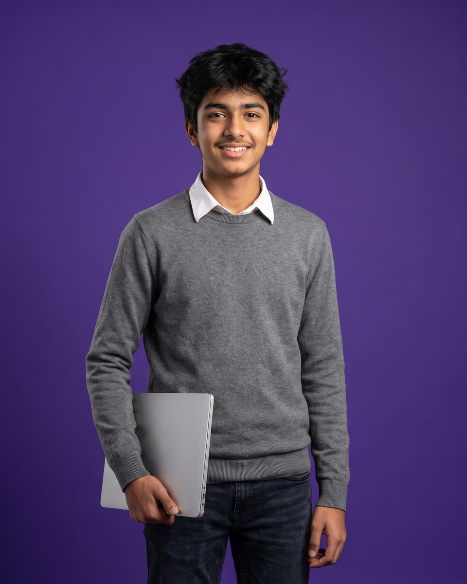 A smiling teenage boy holds a laptop under his arm against a purple background