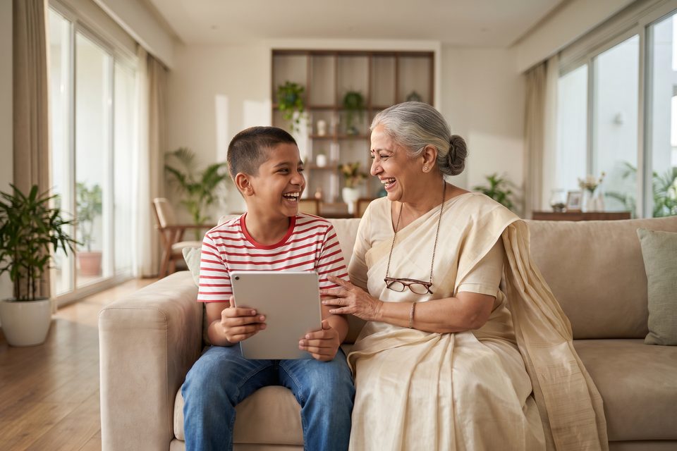 A boy and his grandmother laugh together over a tablet on a bright sofa