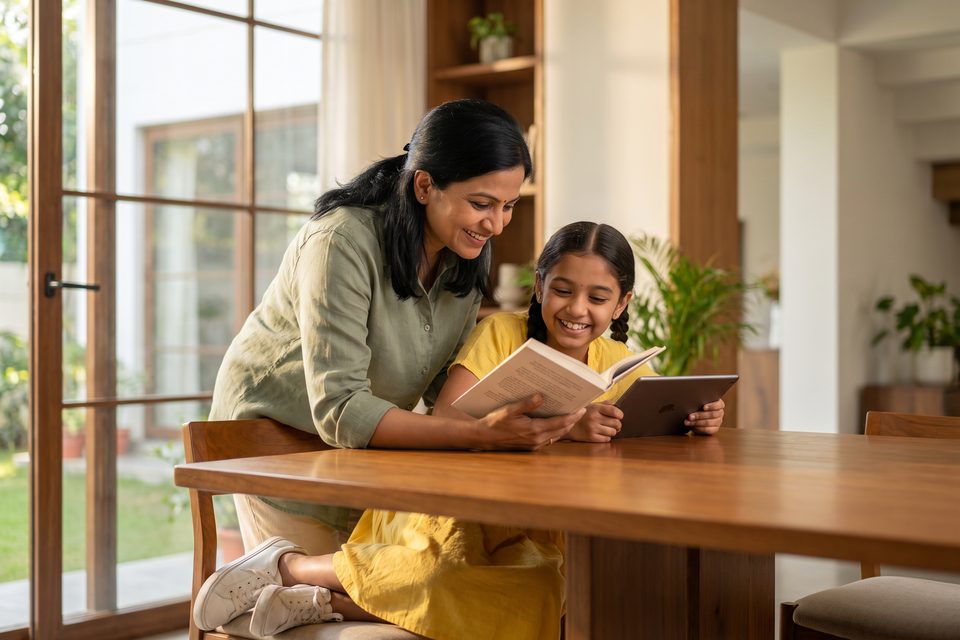 A mother reads along with her young daughter at a tablet, both smiling