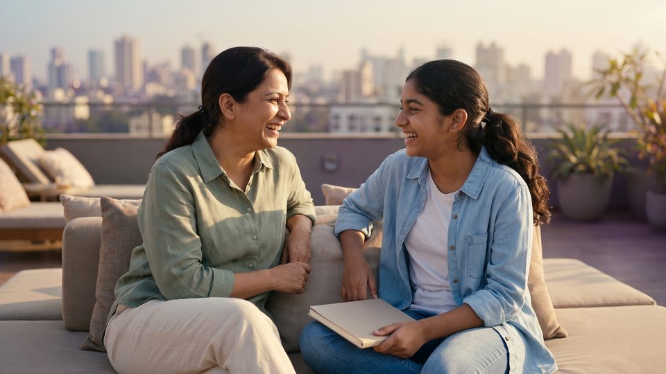 A mother and her teenage daughter laugh together on a rooftop terrace at sunset