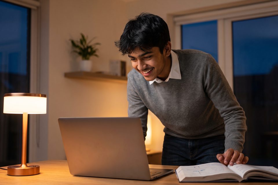 A teenage boy at a lamp-lit desk nods as an explanation on his laptop starts to make sense