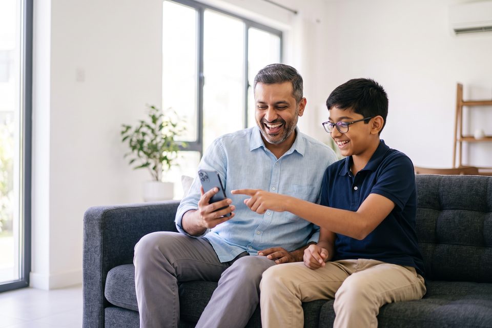 A father and his son look at a phone together on the sofa, the boy pointing something out