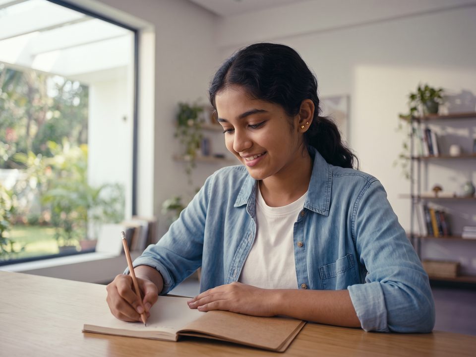 A girl working confidently through a new question in her notebook at a desk by the window